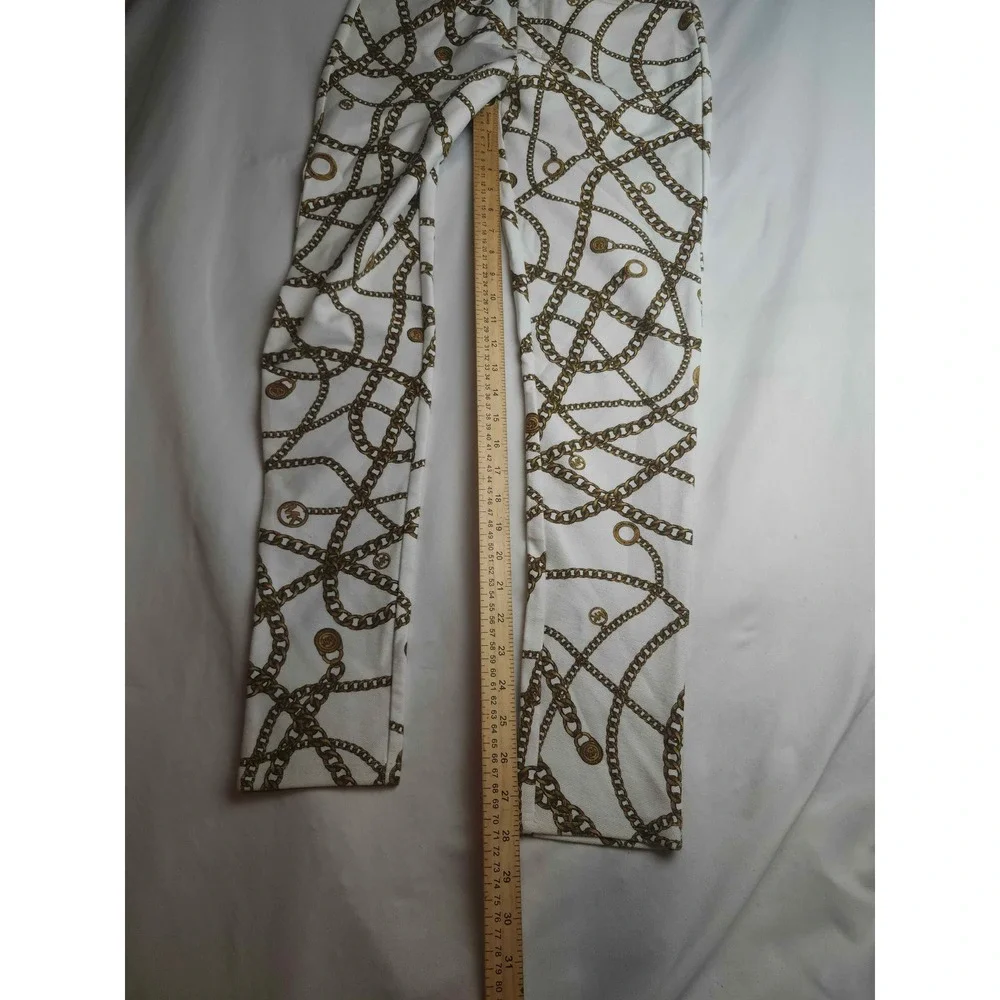 Michael Kors Womens White Gold Chain Link Print Skinny Pants Size S MK Logo